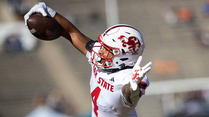 Jacksonville State Gamecocks running back Cam Cook(4) dives in for a touchdown against the UTEP Miners defense at Sun Bowl Stadium in El Paso, Texas, Saturday, November 8, 2025. The touchdown was negated by a penalty.