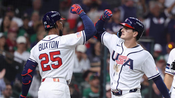 Roman Anthony, right, and Byron Buxton are both starting in the outfield for Team USA on Tuesday.
