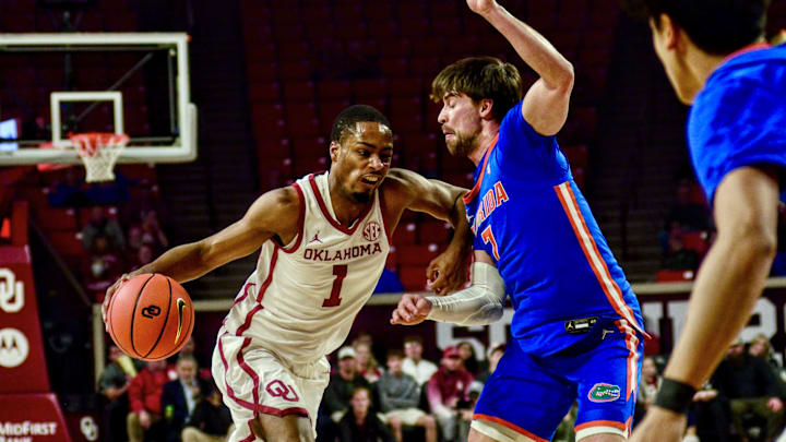 Oklahoma guard Xzayvier Brown drives against Florida.