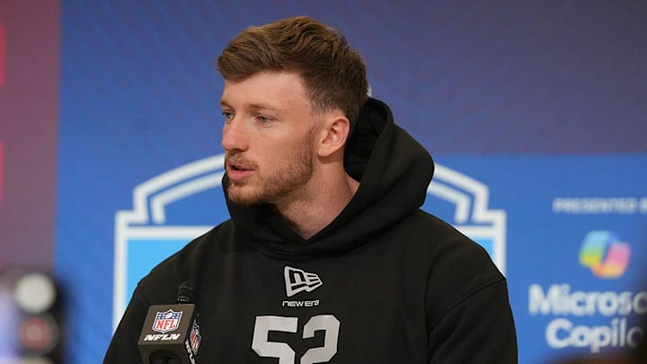 Dillon Thieneman meets with the media at the 2026 NFL Combine.