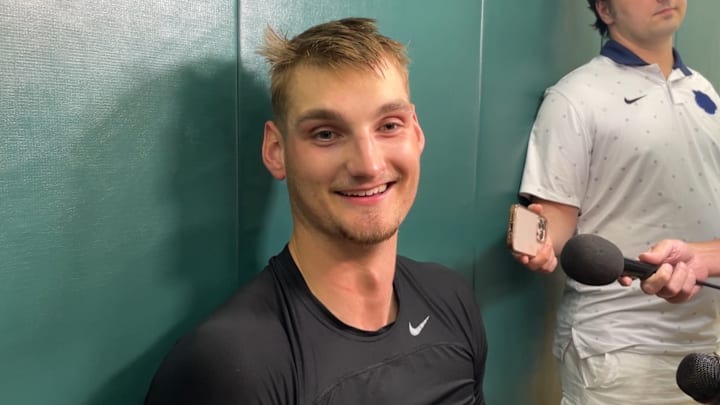Michigan State center Carson Cooper speaks to the media after a preseason practice on Sept. 30, 2025. Michigan State center Carson Cooper speaks to the media after a preseason practice on Sept. 30, 2025.