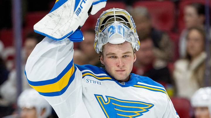 Oct 13, 2026; Ottawa, Ontario, CAN;  St. Louis Blues goalie Joel Hofer (30) skates in the first period against the Ottawa Senators at the Canadian Tire Centre.  Mandatory Credit: Marc DesRosiers-Imagn