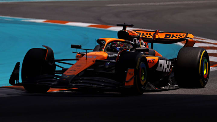 May 4, 2024; Miami Gardens, Florida, USA; McLaren driver Oscar Piastri (81) during the F1 Sprint Race at Miami International Autodrome. Mandatory Credit: Peter Casey-Imagn Images
