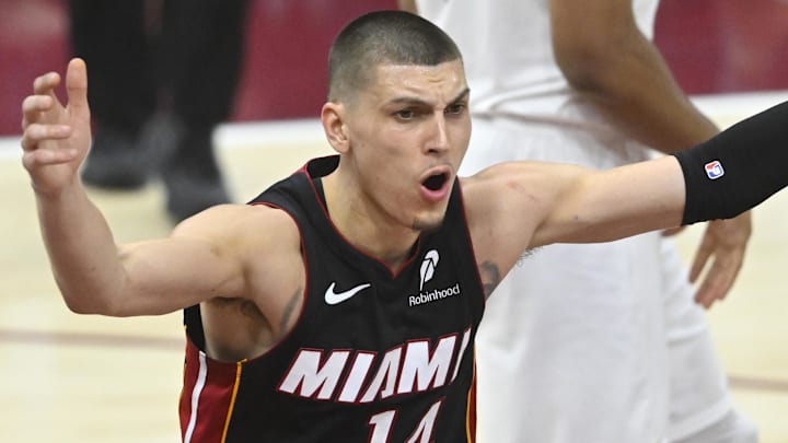 Miami Heat guard Tyler Herro (14) reacts in the third quarter  (Mandatory Credit: David Richard-Imagn Images)