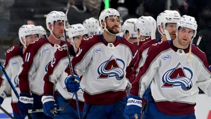 Apr 23, 2026; Los Angeles, California, USA; Colorado Avalanche celebrate after game three of the first round of the 2026 Stanley Cup Playoffs defeating the Los Angeles Kings at Crypto.com Arena. Mandatory Credit: Jayne Kamin-Oncea-Imagn Images
