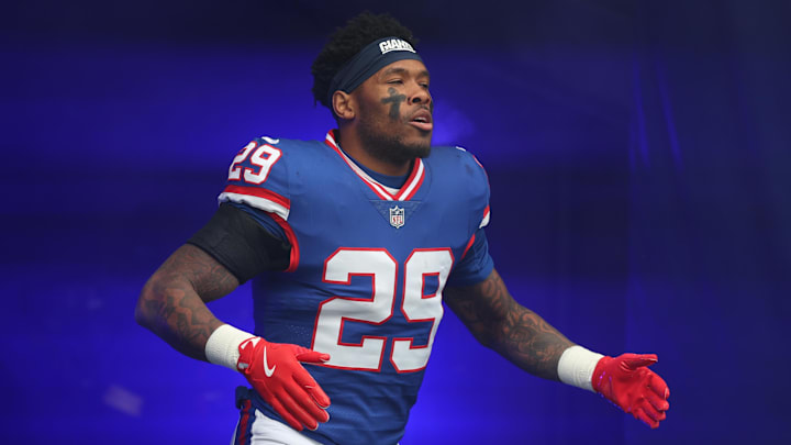 Dec 14, 2025; East Rutherford, New Jersey, USA;  New York Giants running back Tyrone Tracy Jr. (29) enters the field prior to the first quarter against the Washington Commanders at MetLife Stadium.
