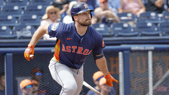 Feb 26, 2025; West Palm Beach, Florida, USA; Houston Astros outfielder Cooper Hummel (1) runs after he hits a ball to right field during the first inning against the Washington Nationals at CACTI Park of the Palm Beaches.