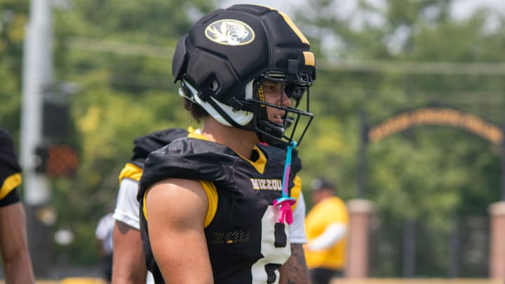 Aug 6, 2025; Columbia, MO, USA; Missouri Tigers wide receiver Shaun Terry II (8) gets ready for another receving rep during a fall camp practice at Mizzou Athletic Training Complex.