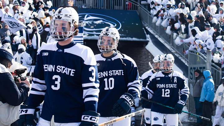 Penn State ice hockey players enter Beaver Stadium for a top-five Big Ten ice hockey game against Michigan State in Beaver Stadium on January 31, 2026, in State College.