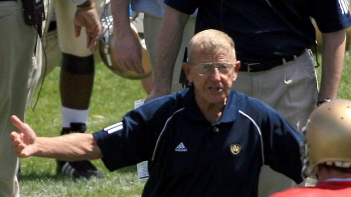 Apr. 21, 2007; South Bend, IN, USA; Notre Dame Fighting Irish guest coach Lou Holtz talks to quarterback Evan Sharpley (13) in the first half of the Notre Dame Blue-Gold Game at Notre Dame Stadium. 
