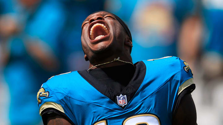 Jacksonville Jaguars wide receiver Travis Hunter (12) yells as his is introduced before an NFL football matchup at EverBank Stadium, Sunday, Sept. 21, 2025, in Jacksonville, Fla. 