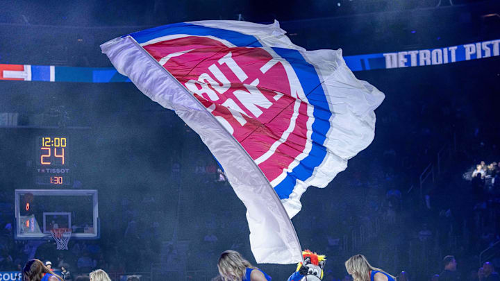 Nov 8, 2024; Detroit, Michigan, USA; Roary the Detroit Pistons mascot gets the fans going before the start of the game against the Atlanta Hawks the first half at Little Caesars Arena. Mandatory Credit: David Reginek-Imagn Images Nov 8, 2024; Detroit, Michigan, USA; Roary the Detroit Pistons mascot gets the fans going before the start of the game against the Atlanta Hawks the first half at Little Caesars Arena. Mandatory Credit: David Reginek-Imagn Images