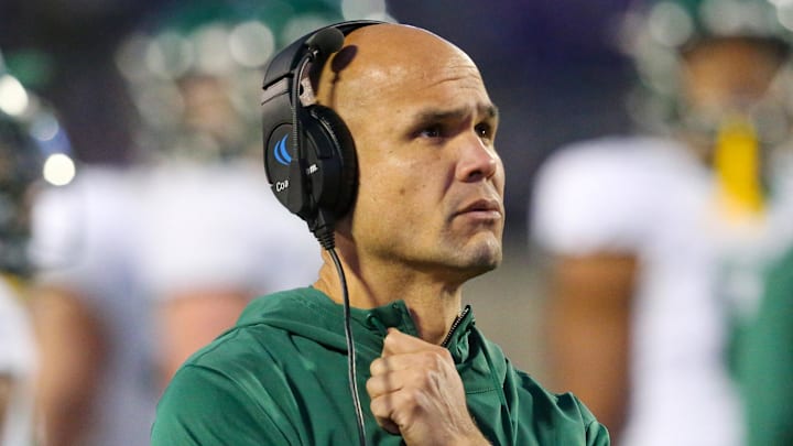 Nov 11, 2023; Manhattan, Kansas, USA; Baylor Bears head coach Dave Aranda looks on during the fourth quarter against the Kansas State Wildcats at Bill Snyder Family Football Stadium. Mandatory Credit: Scott Sewell-Imagn Images Nov 11, 2023; Manhattan, Kansas, USA; Baylor Bears head coach Dave Aranda looks on during the fourth quarter against the Kansas State Wildcats at Bill Snyder Family Football Stadium. Mandatory Credit: Scott Sewell-Imagn Images