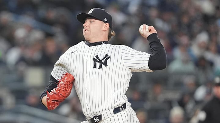 Apr 4, 2026; Bronx, New York, USA; New York Yankees pitcher Ryan Weathers (40) delivers a pitch against the Miami Marlins during the second inning at Yankee Stadium. Apr 4, 2026; Bronx, New York, USA; New York Yankees pitcher Ryan Weathers (40) delivers a pitch against the Miami Marlins during the second inning at Yankee Stadium.