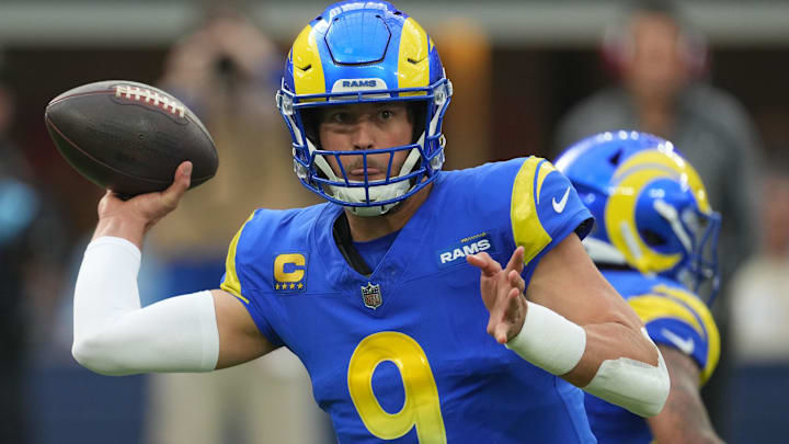Dec 8, 2024; Inglewood, California, USA; Los Angeles Rams quarterback Matthew Stafford (9) throws the ball against the Buffalo Bills in the first half at SoFi Stadium. Mandatory Credit: Kirby Lee-Imagn Images