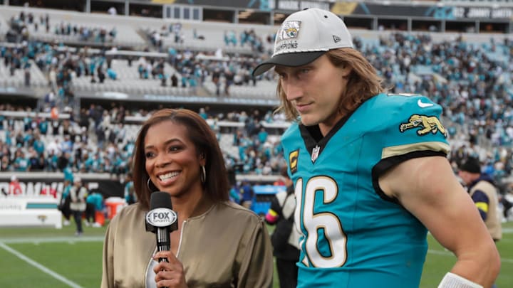 Jan 4, 2026; Jacksonville, Florida, USA; Jacksonville Jaguars quarterback Trevor Lawrence (16) speaks with Fox sideline reporter Kristina Pink after the game against the Tennessee Titans at EverBank Stadium. Mandatory Credit: Travis Register-Imagn Images Jan 4, 2026; Jacksonville, Florida, USA; Jacksonville Jaguars quarterback Trevor Lawrence (16) speaks with Fox sideline reporter Kristina Pink after the game against the Tennessee Titans at EverBank Stadium. Mandatory Credit: Travis Register-Imagn Images