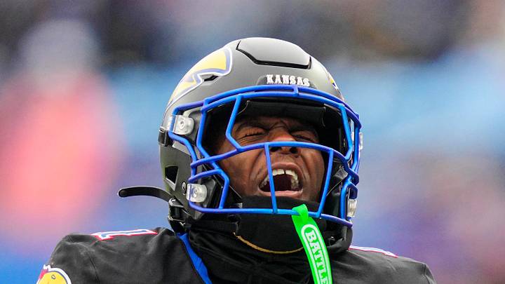 Kansas Jayhawks wide receiver Emmanuel Henderson Jr. reacts during the second half against the Utah Utes. Kansas Jayhawks wide receiver Emmanuel Henderson Jr. reacts during the second half against the Utah Utes.