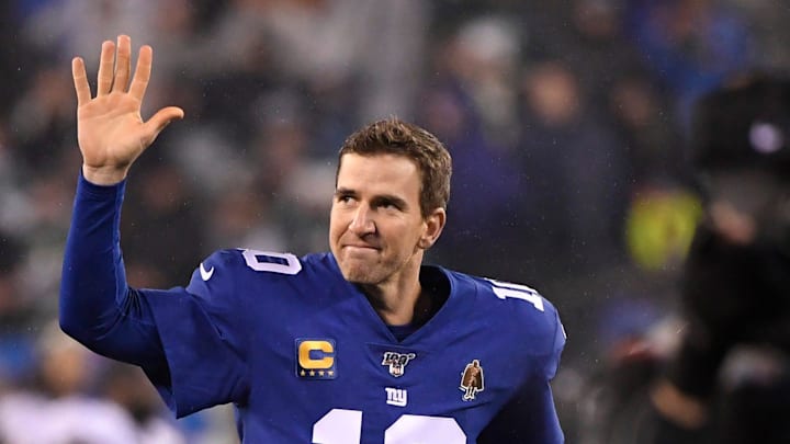 New York Giants quarterback Eli Manning (10) waves to the fans as he exits the field at MetLife Stadium for possibly the last time in his career. The Eagles defeat the Giants, 34-17, on Sunday, Dec. 29, 2019, in East Rutherford.