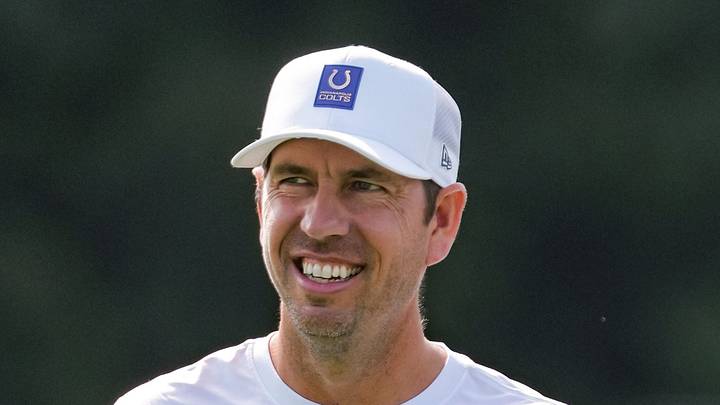 Indianapolis Colts head coach Shane Steichen smiles while watching training camp