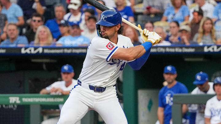 May 27, 2026; Kansas City, Missouri, USA; Kansas City Royals right fielder Jac Caglianone (14) at bat against the New York Yankees during the game at Kauffman Stadium. Mandatory Credit: Denny Medley-Imagn Images