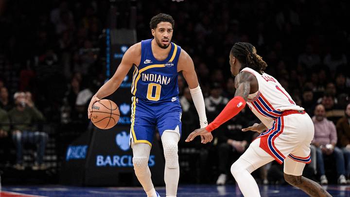 Oct 25, 2026; Brooklyn, New York, USA; Indiana Pacers guard Tyrese Haliburton (0) sets the play while defended by Brooklyn Nets guard Keon Ellis (1) during the second half at Barclays Center. Mandatory Credit: John Jones-Imagn Images Oct 25, 2026; Brooklyn, New York, USA; Indiana Pacers guard Tyrese Haliburton (0) sets the play while defended by Brooklyn Nets guard Keon Ellis (1) during the second half at Barclays Center. Mandatory Credit: John Jones-Imagn Images