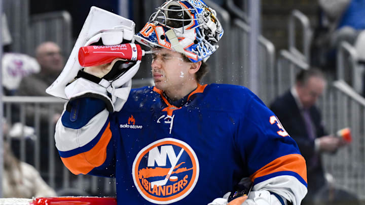Apr 15, 2025; Elmont, New York, USA; New York Islanders goaltender Ilya Sorokin (30) takes a water break before the first period against the Washington Capitals at UBS Arena. Mandatory Credit: John Jones-Imagn Images
