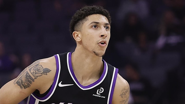 Mar 11, 2026; Sacramento, California, USA; Sacramento Kings guard Nique Clifford (5) gets set for a shot against the Charlotte Hornets during the first quarter at Golden 1 Center. Mandatory Credit: Kelley L Cox-Imagn Images