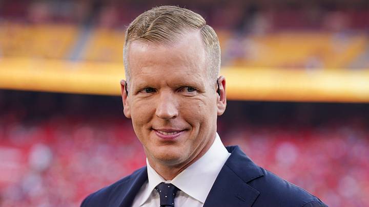 Sep 7, 2023; Kansas City, Missouri, USA; NBC Sports analyst Chris Simms on field prior to a game between the Kansas City Chiefs and Detroit Lions at GEHA Field at Arrowhead Stadium. Mandatory Credit: Denny Medley-USA TODAY Sports Sep 7, 2023; Kansas City, Missouri, USA; NBC Sports analyst Chris Simms on field prior to a game between the Kansas City Chiefs and Detroit Lions at GEHA Field at Arrowhead Stadium. Mandatory Credit: Denny Medley-USA TODAY Sports
