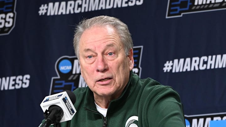Mar 21, 2026; Buffalo, NY, USA;Michigan State Spartans head coach Tom Izzo speaks with media after the game against the Louisville Cardinals during a second round game of the men's 2026 NCAA Tournament at Keybank Center. Mandatory Credit: Mark Konezny-Imagn Images