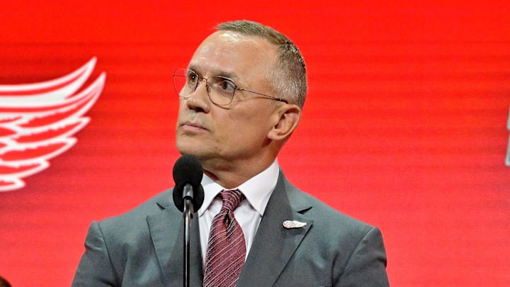 Jul 7, 2022; Montreal, Quebec, CANADA; Detroit Red Wings general manager Steve Yzerman announces Marco Kasper (not pictured) as the number eight overall pick to the Detroit Red Wings in the first round of the 2022 NHL Draft at Bell Centre. Mandatory Credit: Eric Bolte-Imagn Images