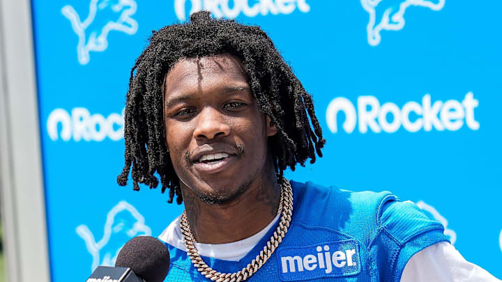 Detroit Lions wide receiver Jameson Williams answers a question after practice during OTAs at team's Performance Center Detroit Lions wide receiver Jameson Williams answers a question after practice during OTAs at team's Performance Center