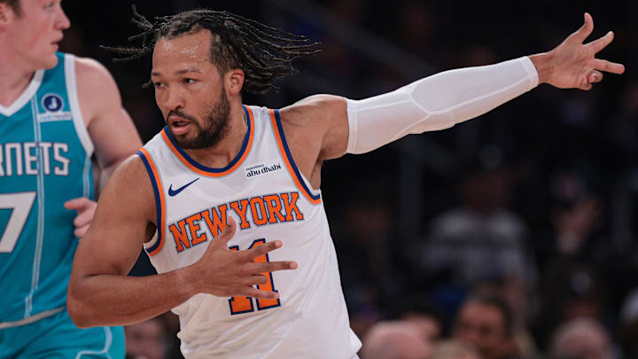 Oct 17, 2025; New York, New York, USA; New York Knicks guard Jalen Brunson (11) reacts after making a three point basket during the first half at Madison Square Garden. Mandatory Credit: Vincent Carchietta-Imagn Images