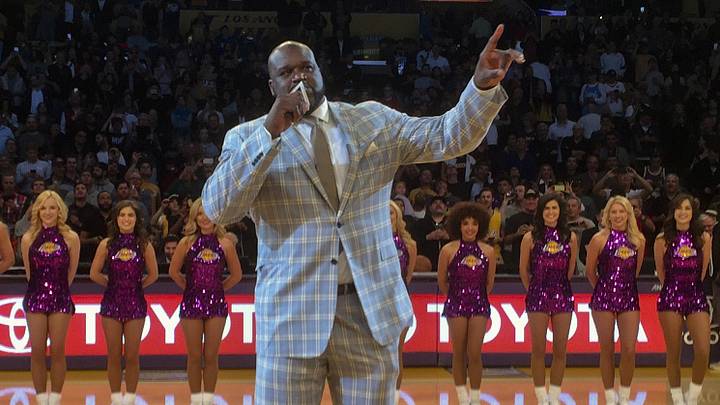 Mar 24, 2017; Los Angeles, CA, USA: Former Los Angeles Lakers center Shaquille O'Neal speaks during a NBA game between the Los Angeles Lakers and the Minnesota Timberwolves at the Staples Center. Mandatory Credit: Kirby Lee-Imagn Images Mar 24, 2017; Los Angeles, CA, USA: Former Los Angeles Lakers center Shaquille O'Neal speaks during a NBA game between the Los Angeles Lakers and the Minnesota Timberwolves at the Staples Center. Mandatory Credit: Kirby Lee-Imagn Images