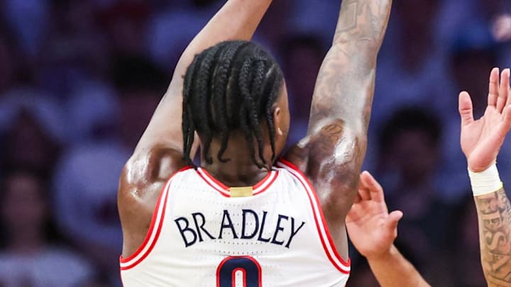 Mar 2, 2026; Tucson, Arizona, USA; Arizona Wildcats guard Jaden Bradley (0) shoots over Iowa State Cyclones guard Tamin Lipsey (3) during the first half of the game at McKale Memorial Center. Mandatory Credit: Aryanna Frank-Imagn Images