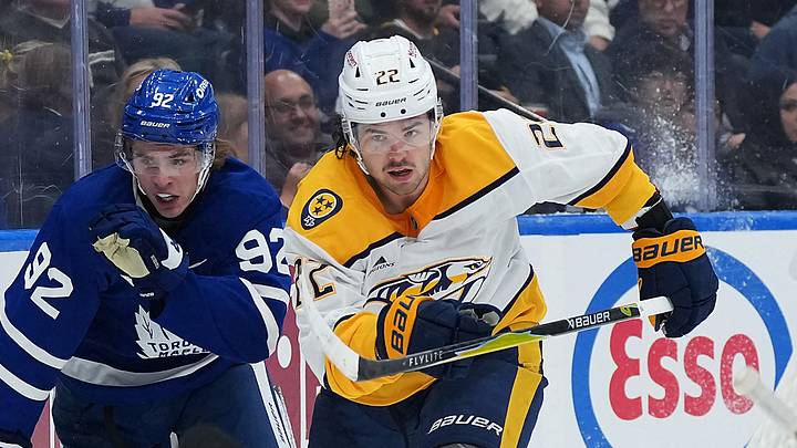 Oct 6, 2026; Toronto, Ontario, CAN; Toronto Maple Leafs left wing Gavin McKenna (92) and Nashville Predators center Mavrik Bourque (22) chase down the puck during the third period at Scotiabank Arena. Mandatory Credit: Nick Turchiaro-Imagn Images Oct 6, 2026; Toronto, Ontario, CAN; Toronto Maple Leafs left wing Gavin McKenna (92) and Nashville Predators center Mavrik Bourque (22) chase down the puck during the third period at Scotiabank Arena. Mandatory Credit: Nick Turchiaro-Imagn Images