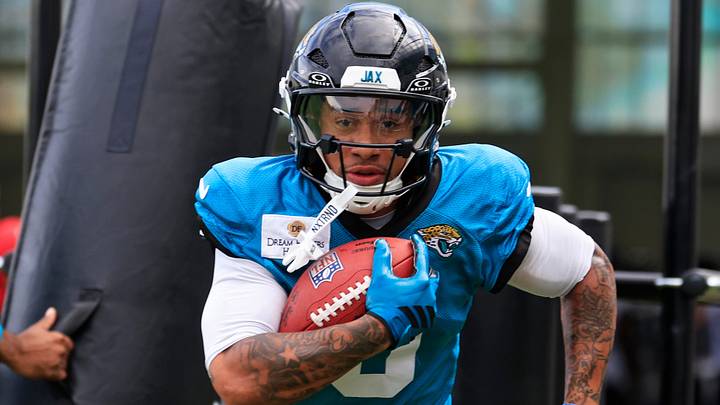Jacksonville Jaguars wide receiver Michael Wortham (0) runs the ball through a blast machine during the fifth day of NFL training camp at the Miller Electric Center on Monday, Aug. 3, 2026, in Jacksonville, Fla. 