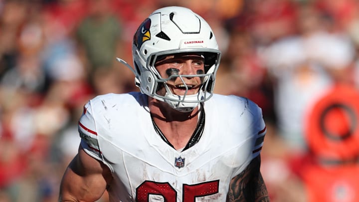 Nov 30, 2025; Tampa, Florida, USA; Arizona Cardinals tight end Trey McBride (85) catches a touchdown during the second half against the Tampa Bay Buccaneers at Raymond James Stadium. Mandatory Credit: Nathan Ray Seebeck-Imagn Images