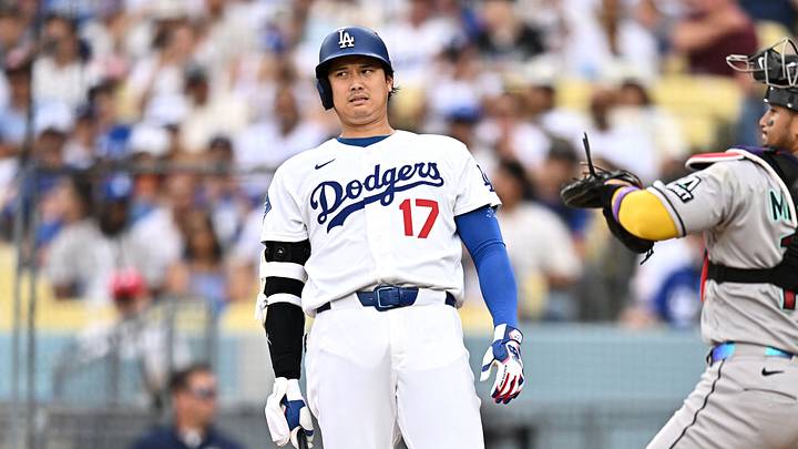 Jul 12, 2026; Los Angeles, California, USA; Los Angeles Dodgers two-way player Shohei Ohtani (17) reacts at bat against the Arizona Diamondbacks in the third inning at Dodger Stadium. Mandatory Credit: William Liang-Imagn Images Jul 12, 2026; Los Angeles, California, USA; Los Angeles Dodgers two-way player Shohei Ohtani (17) reacts at bat against the Arizona Diamondbacks in the third inning at Dodger Stadium. Mandatory Credit: William Liang-Imagn Images