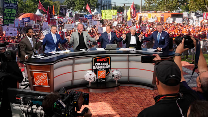 The cast of ESPN College GameDay begins their show prior to the NCAA football game between the Ohio State Buckeyes and the Texas Longhorns at Ohio Stadium on Aug. 30, 2025. The show is the final one for Lee Corso.