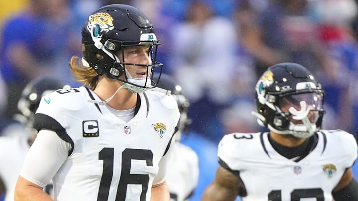 Sep 23, 2024; Orchard Park, New York, USA; Jacksonville Jaguars quarterback Trevor Lawrence (16) jogs onto the field prior to a game against the Buffalo Bills at Highmark Stadium. Mandatory Credit: Gregory Fisher-Imagn Images