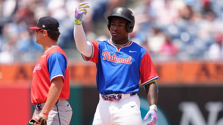 National League outfielder Dakota Jordan (23) reacts after hitting a double against the American League. Credit: Kyle Ross-Imagn Images National League outfielder Dakota Jordan (23) reacts after hitting a double against the American League. Credit: Kyle Ross-Imagn Images