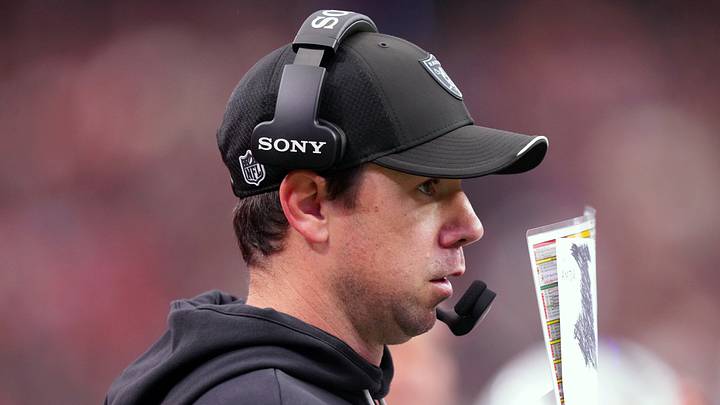 Oct 4, 2026; Paradise, Nevada, USA;  Las Vegas Raiders head coach Klint Kubiak watches game play against the Kansas City Chiefs during the third quarter at Allegiant Stadium.  Mandatory Credit: Joe Camporeale-Imagn Images