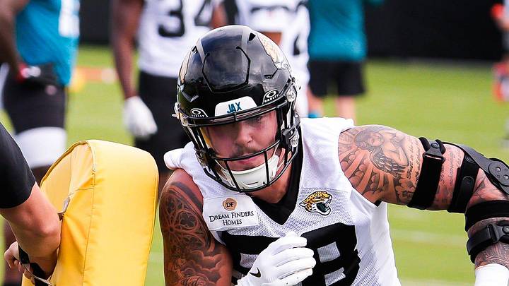 Jaguars defensive end Zach Durfee (58) runs a drill during the Jaguars’ fourth OTA of the year, Monday June 1, 2026 at the Miller Electric Center in Jacksonville, Fla. [Doug Engle/Florida Times-Union]