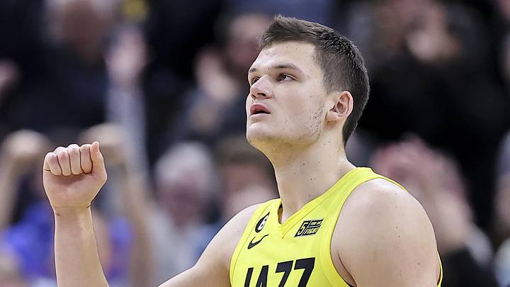 Jan 13, 2023; Salt Lake City, Utah, USA; Utah Jazz center Walker Kessler (24) reacts to a play against the Orlando Magic in the last minute of the game at Vivint Arena. Mandatory Credit: Rob Gray-Imagn Images