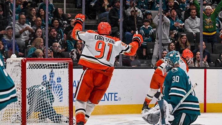 Apr 1, 2026; San Jose, California, USA; Anaheim Ducks center Leo Carlsson (91) celebrates after a goal against the San Jose Sharks during the third period at SAP Center at San Jose. 