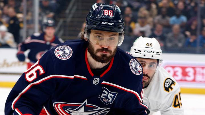 Apr 12, 2026; Columbus, Ohio, USA; Columbus Blue Jackets right wing Kirill Marchenko (86) and Boston Bruins defenseman Jonathan Aspirot (45) skate after a loose puck during the first period at Nationwide Arena. Mandatory Credit: Russell LaBounty-Imagn Images Apr 12, 2026; Columbus, Ohio, USA; Columbus Blue Jackets right wing Kirill Marchenko (86) and Boston Bruins defenseman Jonathan Aspirot (45) skate after a loose puck during the first period at Nationwide Arena. Mandatory Credit: Russell LaBounty-Imagn Images