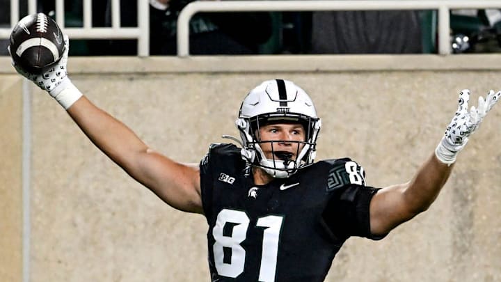 Michigan State's Michael Masunas celebrates after a touchdown catch against Boston College during the second quarter on Saturday, Sept. 6, 2025, at Spartan Stadium in East Lansing. Michigan State's Michael Masunas celebrates after a touchdown catch against Boston College during the second quarter on Saturday, Sept. 6, 2025, at Spartan Stadium in East Lansing.