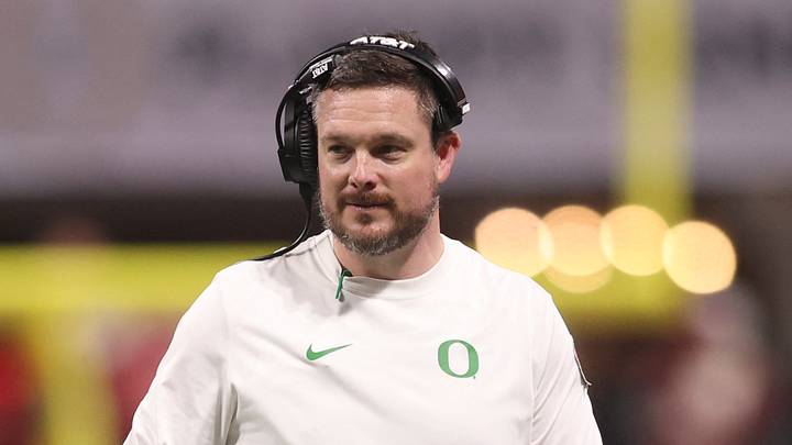 Jan 9, 2026; Atlanta, GA, USA; Oregon Ducks head coach Dan Lanning reacts during the first half of the 2025 Peach Bowl and semifinal game of the College Football Playoff against the Indiana Hoosiers at Mercedes-Benz Stadium. Mandatory Credit: Brett Davis-Imagn Images