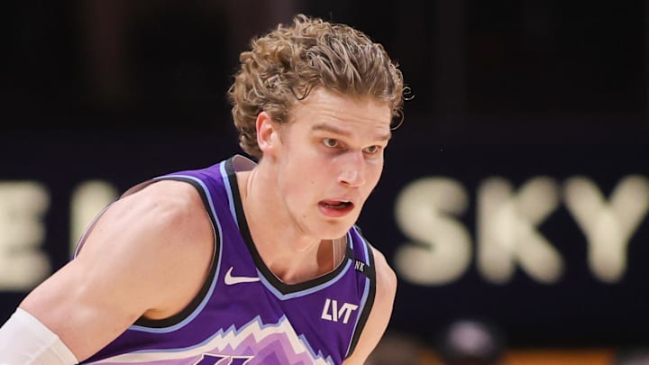 Feb 5, 2026; Atlanta, Georgia, USA; Utah Jazz forward Lauri Markkanen (23) dribbles against the Atlanta Hawks in the third quarter at State Farm Arena. Mandatory Credit: Brett Davis-Imagn Images
