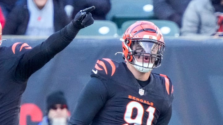 Cincinnati Bengals defensive end Trey Hendrickson (91) celebrates a sack in the second quarter of the NFL Week 16 game between the Cincinnati Bengals and the Cleveland Browns at Paycor Stadium in downtown Cincinnati on Sunday, Dec. 22, 2024. The Bengals led 17-0 at halftime.